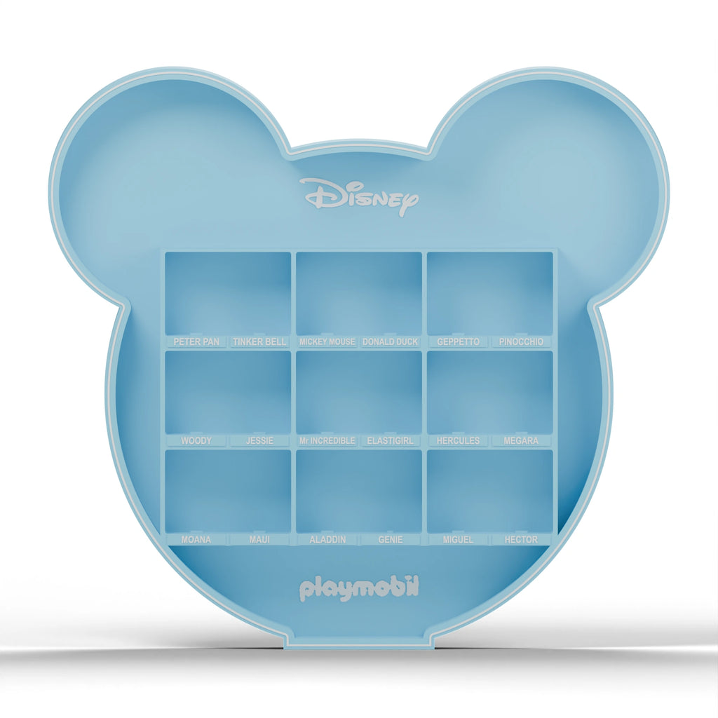 Front view of the light blue Mickey display stand showing nine double compartments and white labels.