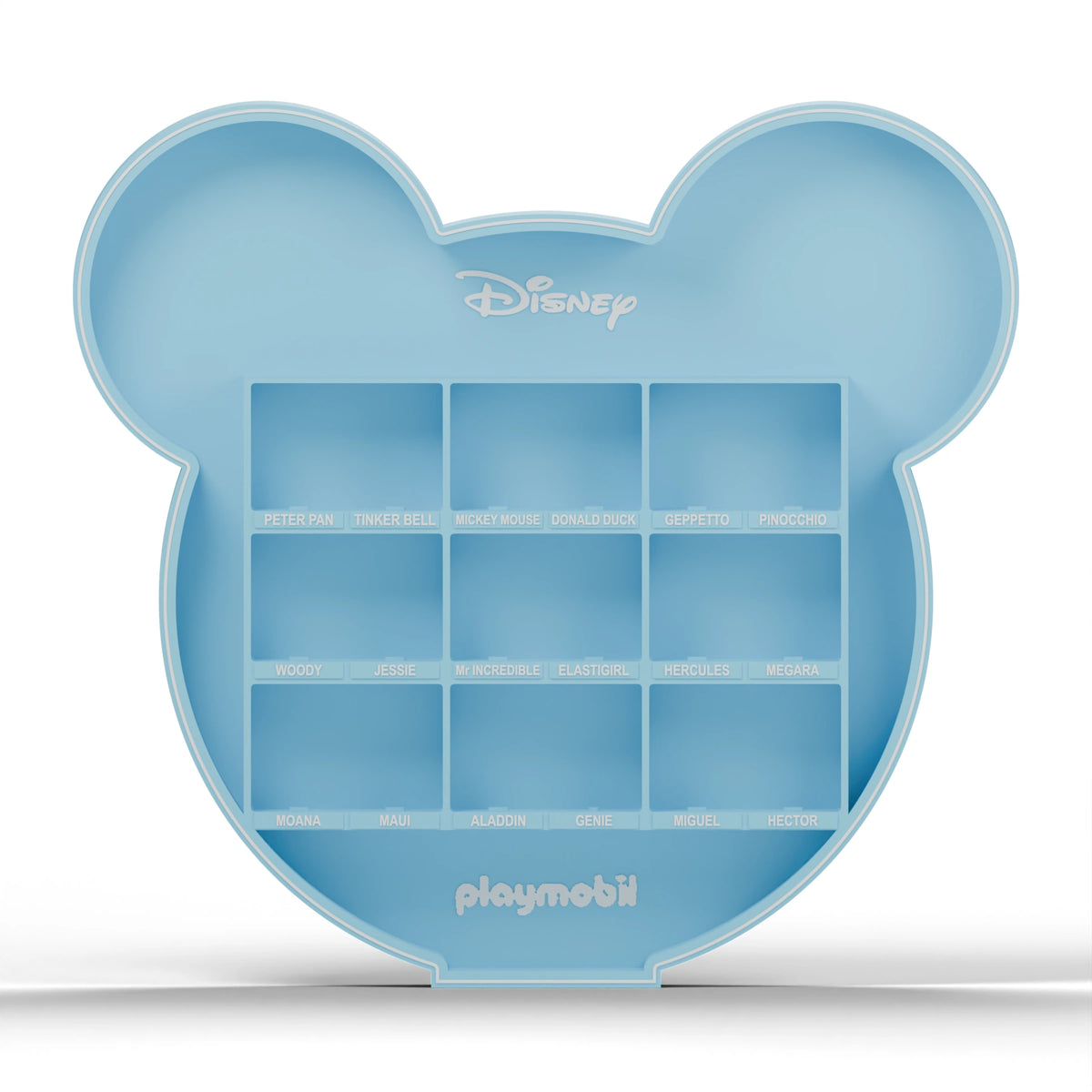 Front view of the light blue Mickey display stand showing nine double compartments and white labels.