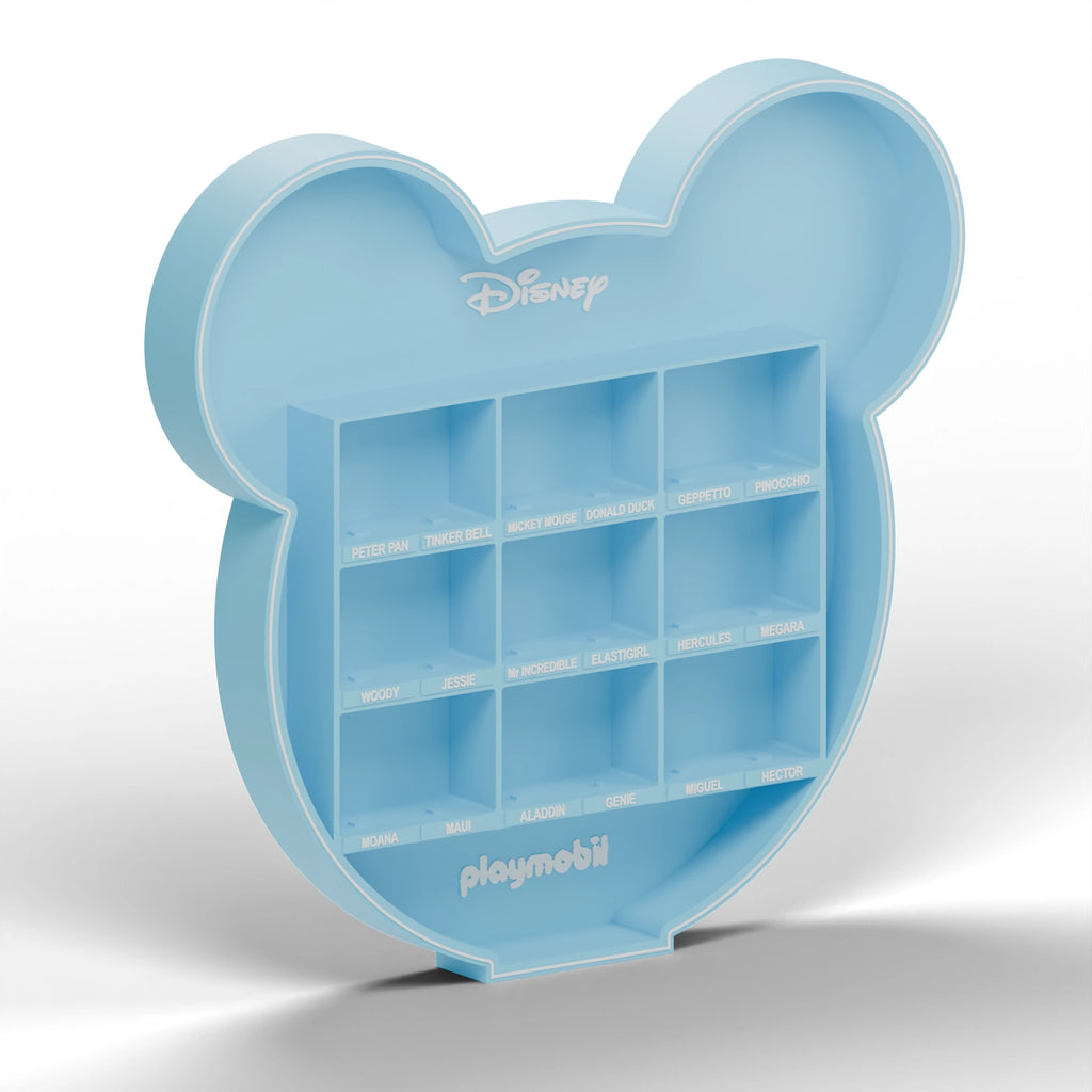 Left three-quarter view of the light blue Mickey display stand on a white background with soft shadows.