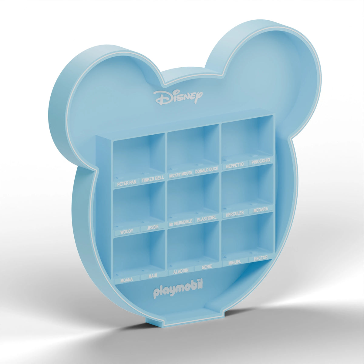 Left three-quarter view of the light blue Mickey display stand on a white background with soft shadows.