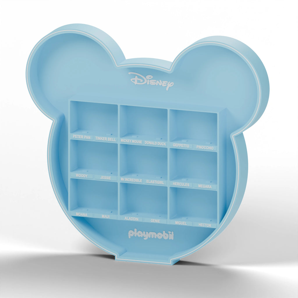 Light blue Mickey display stand for 18 mini figures, three-quarter front view on a white background.